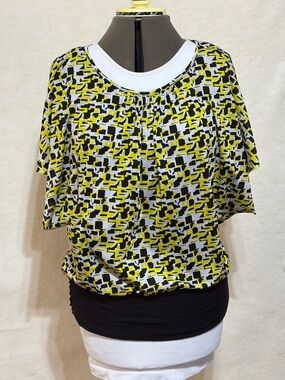 AGB Yellow Black White Geometric Short-Sleeve Blouse